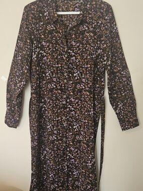 Vero Moda Belted Black Floral Print Dress with Purple and Mustard Accents Medium